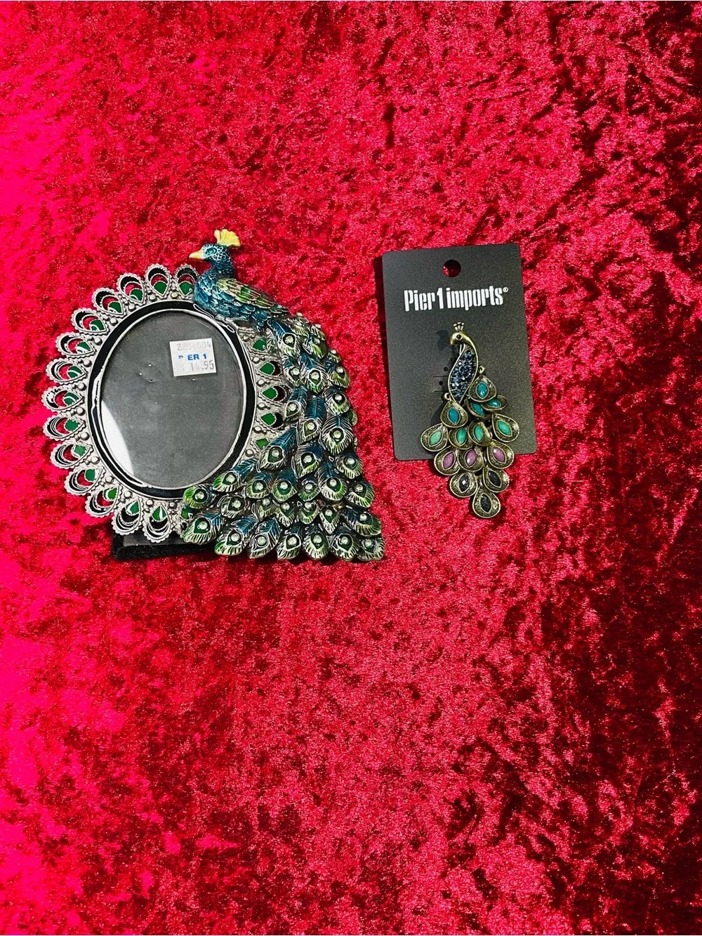Vintage NWT Pier 1 Peacock Picture Frame and Peacock Brooch- Blue Green